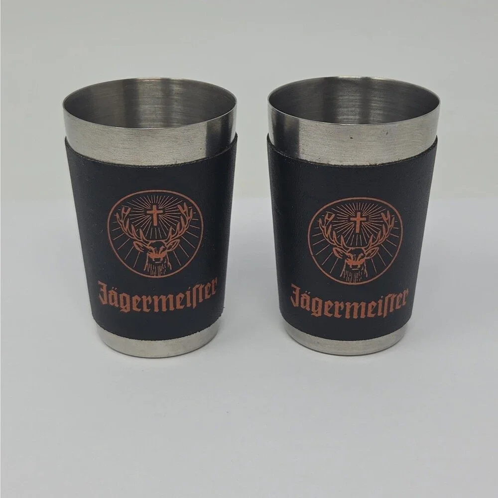 Set of 2 Jägermeister Shot Glasses Steel Silver & Black Metal Stag Logo